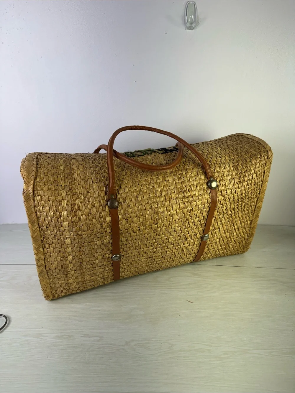Vtg 60s Mexico Straw Woven Large Shopper Tote Beach Bag w 3D Rattan Flowers - Picture 3 of 10